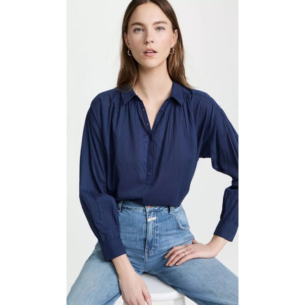 Nili Lotan Miles Tunic Shirt Top Cotton Oversized Long Sleeve Blue S 291428